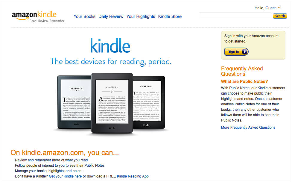 AmazonのKindle用読書サイト「AmazonKindle」のトップページ